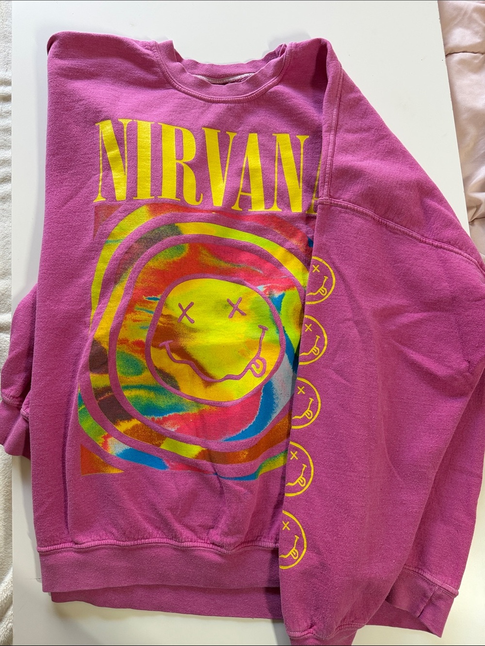 NIRVANA Pink Smiley Logo Crewneck Sweatshirt
